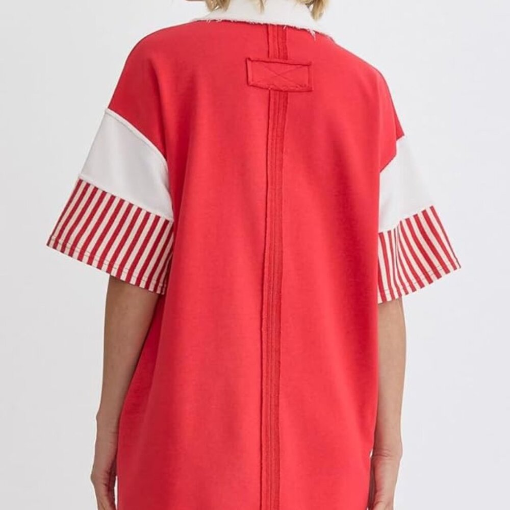 Polo Collared Candy Striped Loose Fitting Mini Dress With Side Pockets - Picture 2 of 4